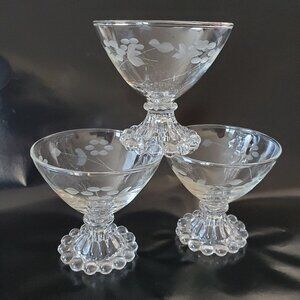 ANCHOR HOCKING BOOPIE candlewick COCKTAIL Cut GLASSES FLOWERS & LEAVES, Set Of 3